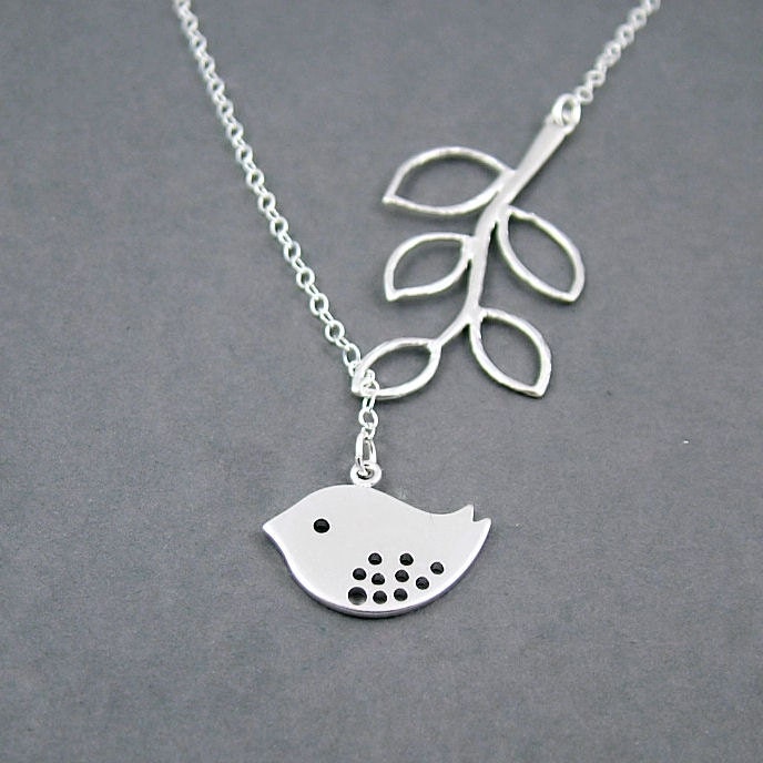 Branch and Bird Necklace, Sterling SIlver Chain, Bird Lariat, Branch Necklace with Bird