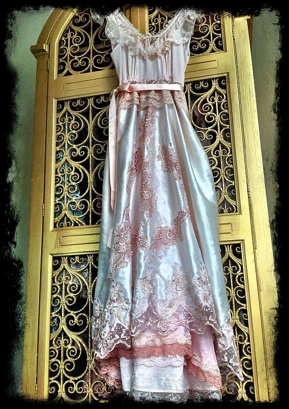 ivory blush & whisper pink lace satin applique vintage wedding gown by mermaid miss k