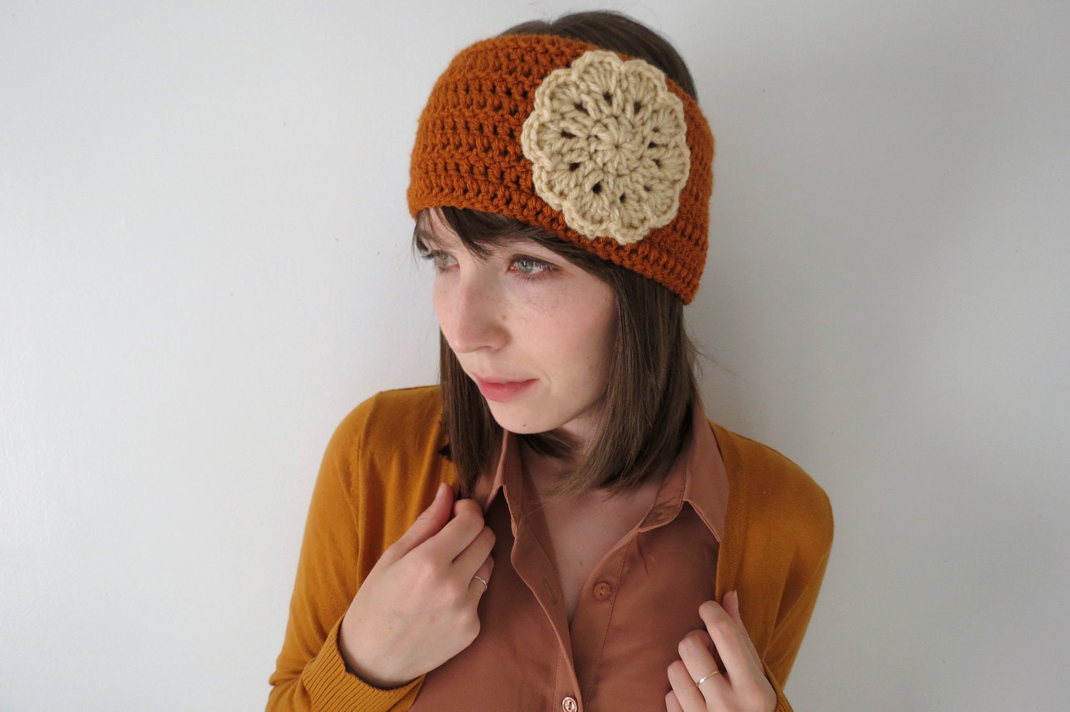Crochet Earwarmer, Crochet Headband, Flower Motif Earwarmer, Crochet Flower Headband in Rust Orange and Khaki / The Marlowe Earwarmer