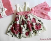 Flower silk dress hand painted for kids.Rose pink  silk dress.Anniversary dress. Made to order.