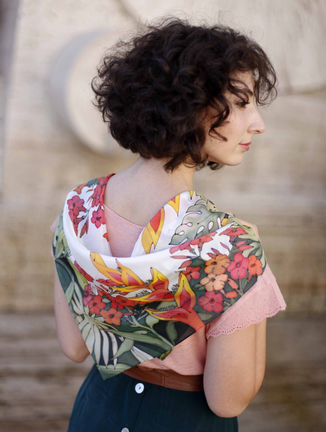 Tropical flowers hand painted silk scarf.Green leaves and nectarine flowers.Made to order.