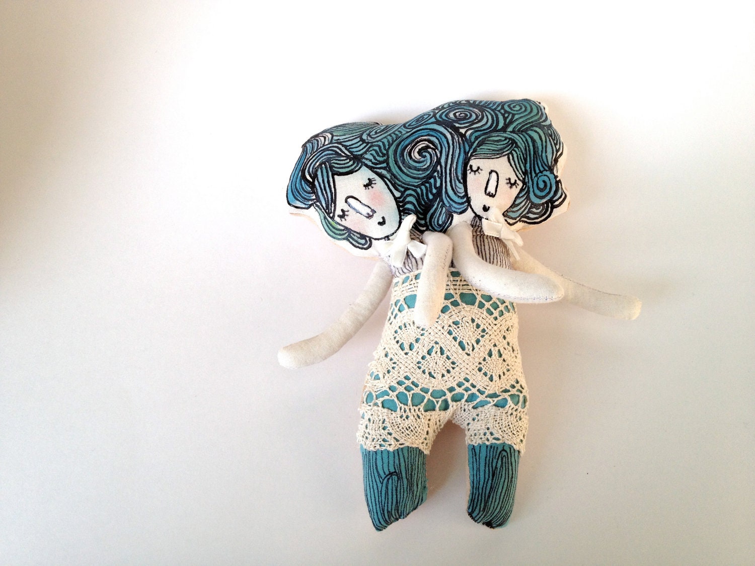 Violet and Daisy in Teal - Siamese Twins- Art Plush Doll- Children's toy or Room Decor- Circus