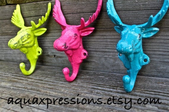 Set of 3 Bright "Moose Head" cast iron Wall Hook: YOU PICK the COLORS/ Shabby Chic/  Lodge, Cabin Decor/ Key Hanger, Coat Rack, Towel Holder