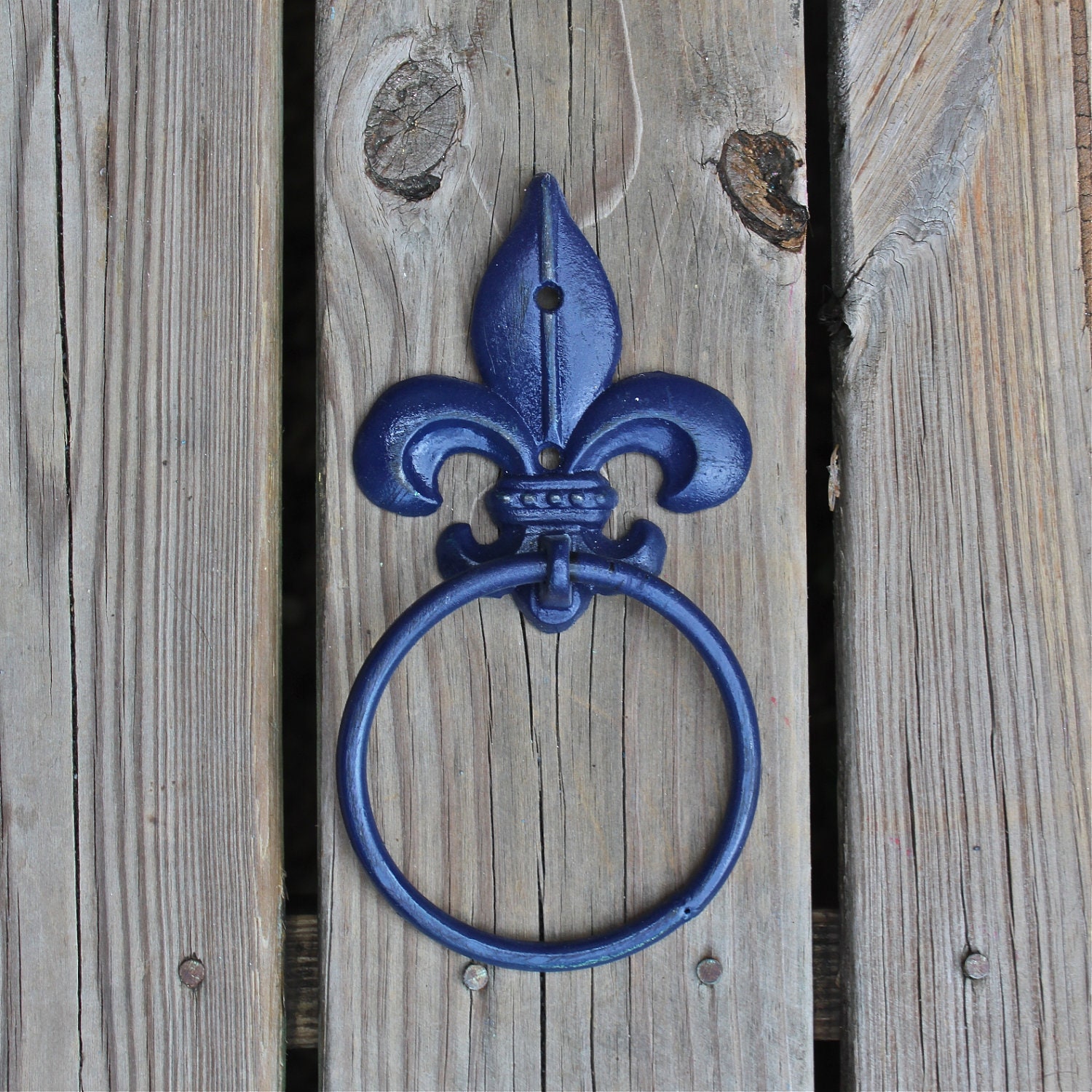 Hand Towel Ring /Navy /Fleur de lis /Distressed Iron Holder /Bathroom Fixtur /Accessory Rack /Shabby Chic /