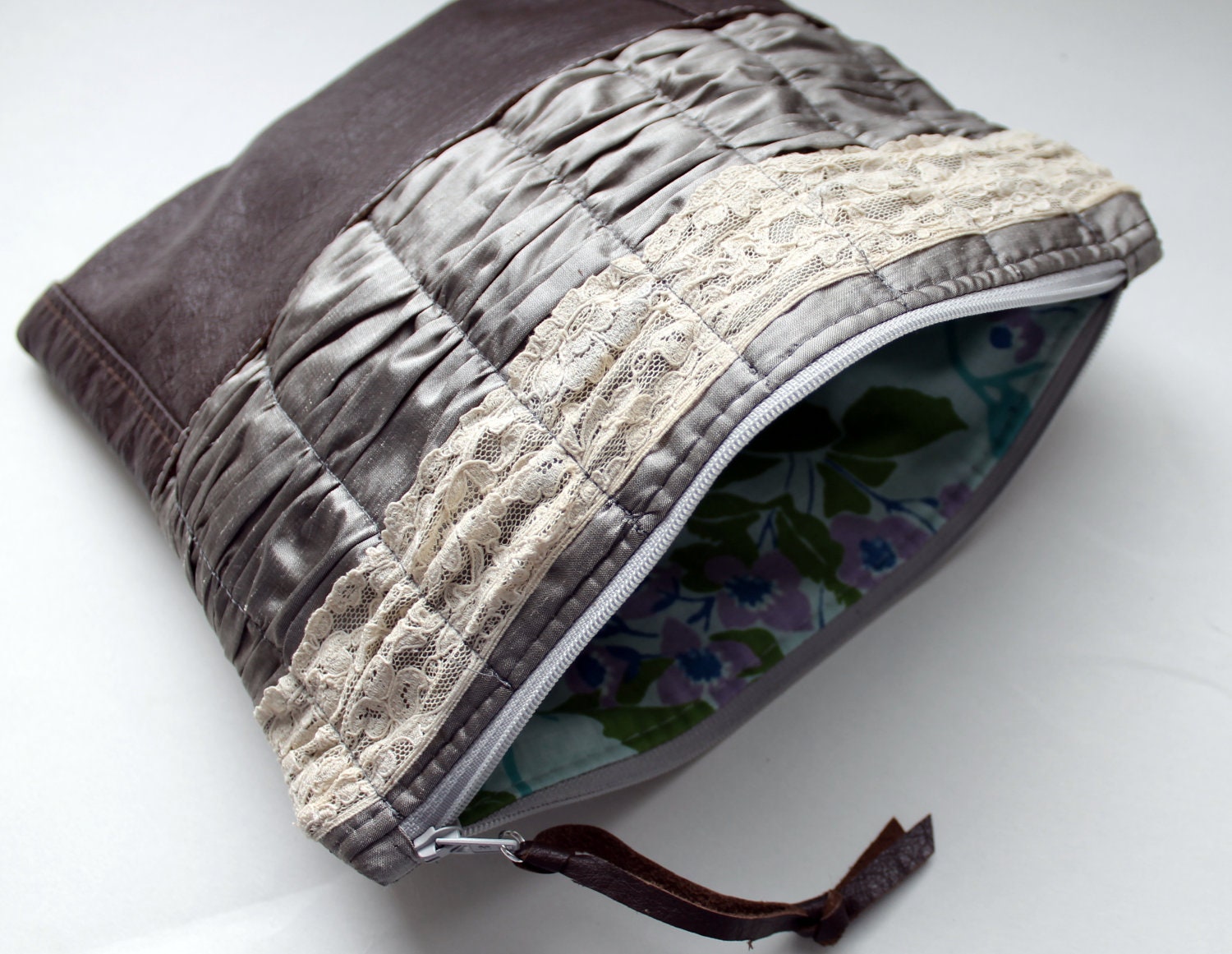 Fold over clutch, clutch purse, silk, vintage leather and lace
