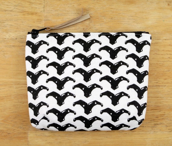 OOAK, Small Zipper Pouch, Screen Printed Front, Leather Back, Original Whale Tale Pattern, Tie-died Interior in Tangerine, White, Black Bone