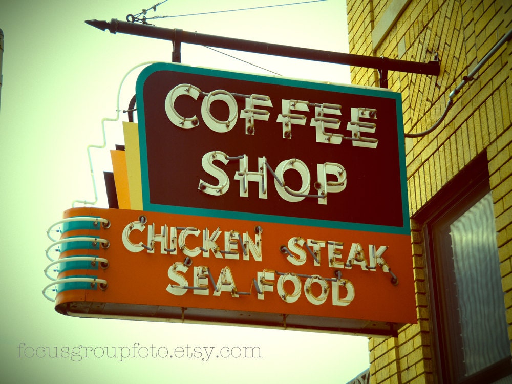 Coffee Shop Sign Retro Restaurant Photograph Yellow Orange Vintage Mid Century Historic Memphis Home Decor by Tabora