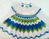 Baby Dress  Crochet Cotton Blue Green White SZ 12- 18 mos