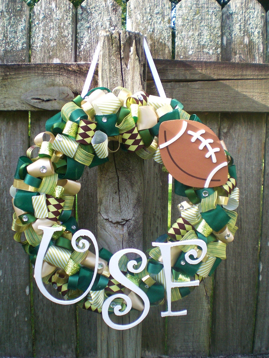 University of South Florida Bulls Ribbon Wreath with Wooden Football and Letters for Tailgating/Birthday Party, or Themed Baby Shower