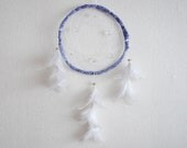 Dream Catcher - Sparkling Dreams - With White Crystal Prism, White Feathers and Nett, Blue Frame - Home Decor, Mobile