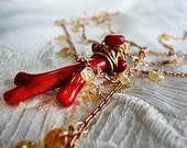 Red Bib Necklace,Red Coral Pendant Necklace,Wire Wrapped Pendant,Citrine Layer Necklace,Copper Chain Necklace