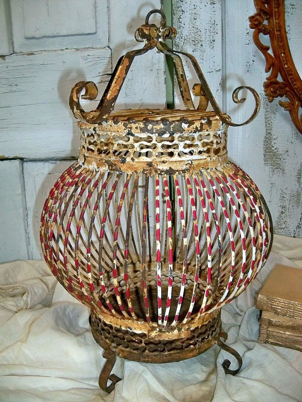 Garden decor distressed metal ornate birdcage french farmhouse chippy painted home decor piece anita spero