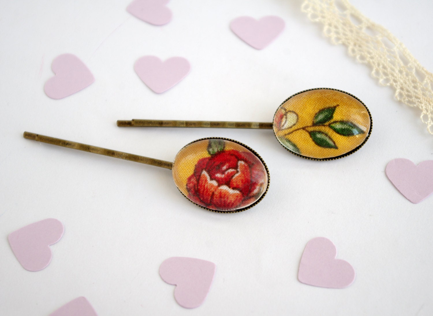 hair pin Bobby Pin Yellow Flower oval cameo Provence