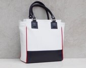 Nautical Leather Tote, White Tote Bag, Marine Blue, Red, Shopping Bag, Shoulder Bag, Carryall bag