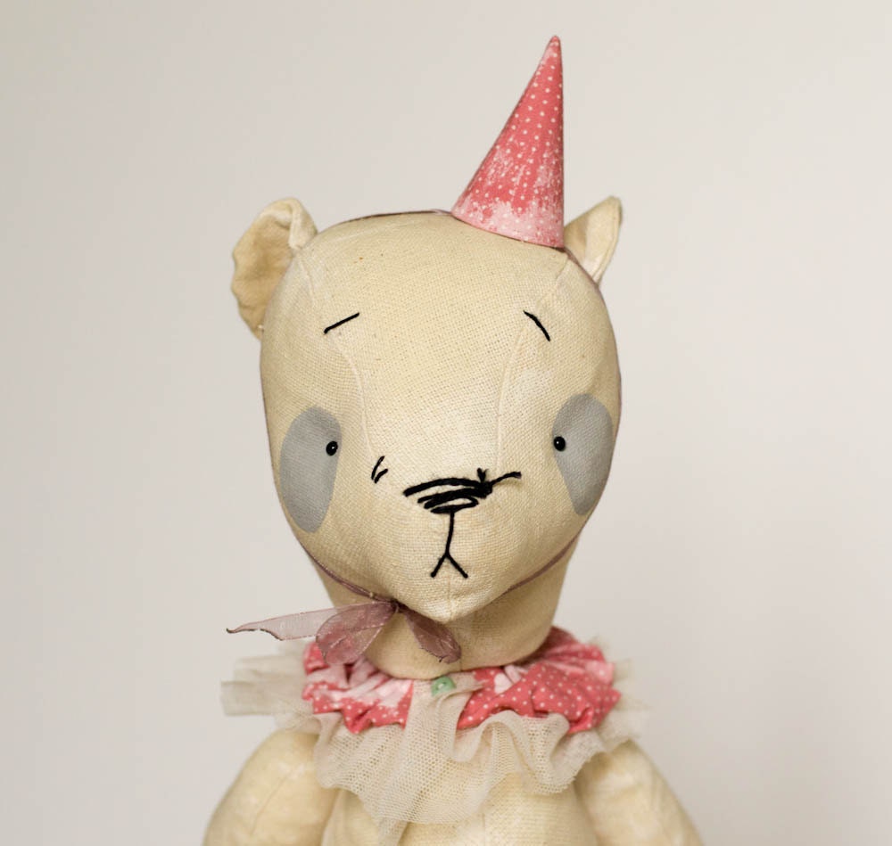 Bear Clown Collar  Pink Hat  - Happy Birthday Gift - Cotton Stuffed Toy