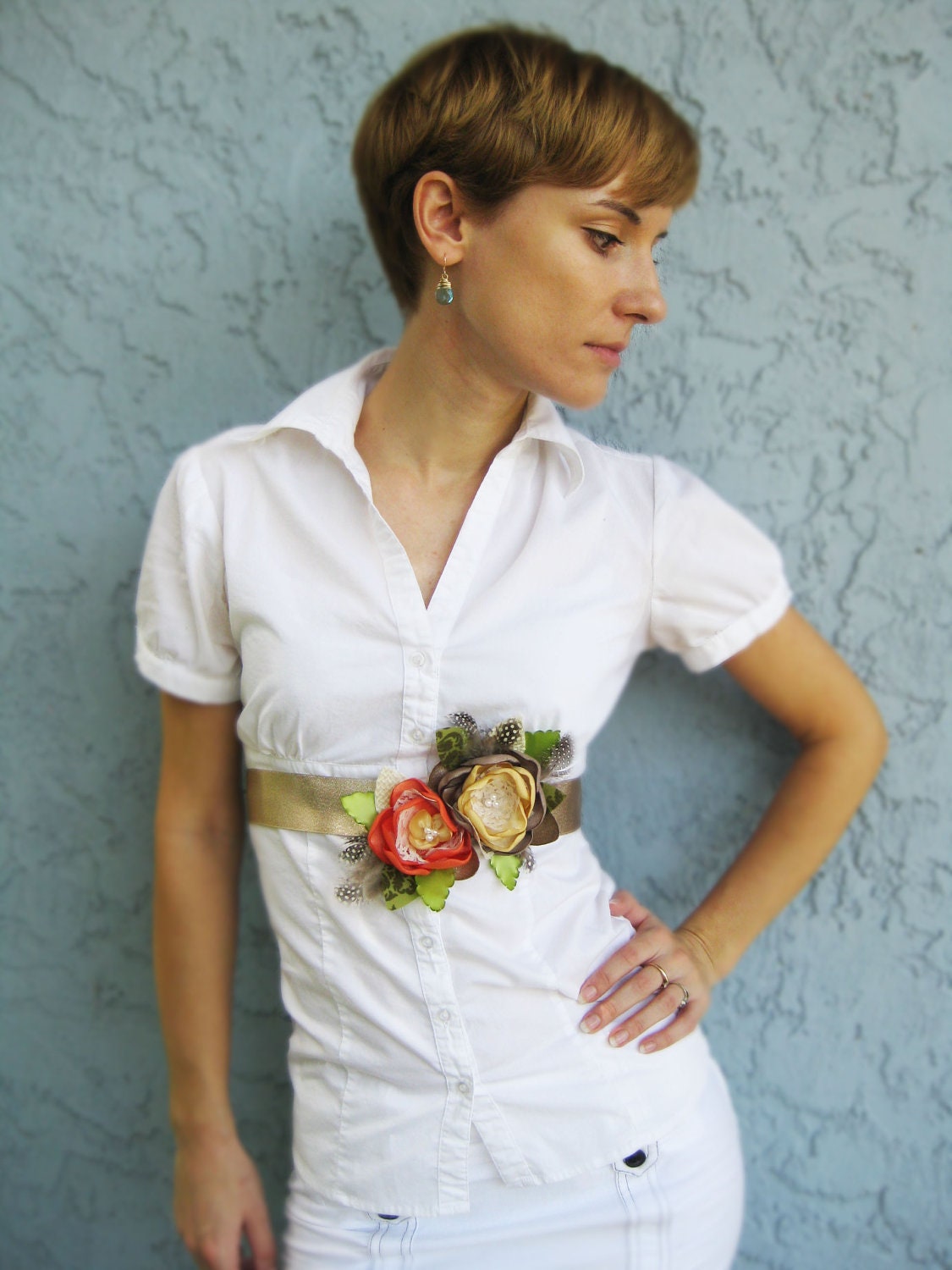 Orange Yellow Flower Sash Belt. Fall Autumn Collection. Flower Dress Sash Belt. Flower Accessory. Gold Dess Sash. Ribbon Sash.
