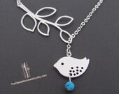 SALE, 10% OFF: Branch and bird lariat necklace with howlite turquoise in white gold, Bird necklace, branch necklace, bird pendant