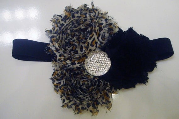 Leopard and Black Shabby Chic Rose Headband with Faux Diamond Center Il_570xn