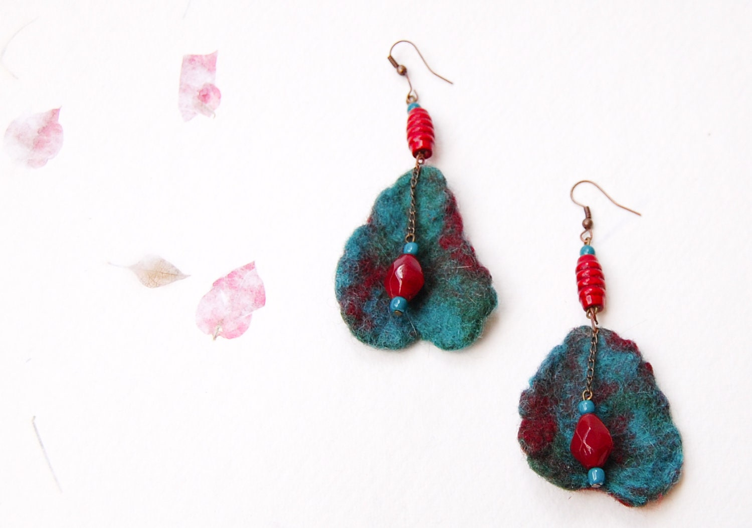 Teal Blue and Red Felt Earrings - Soft Fiber Dangle Earrings - OOAK Artsy Felt Jewelry