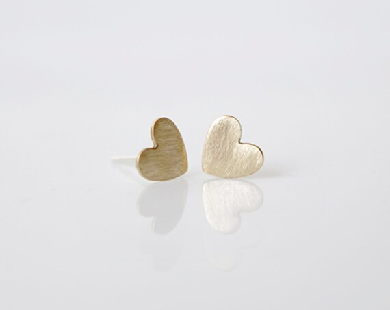 Brushed Gold Heart Studs - sterling silver posts & raw brass hearts, minimal earrings from Made By Maru