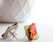 Stick Figure Earrings, Neon Orange and Bright Yellow Bathroom Sign People Fashion Jewelry Stud Earrings