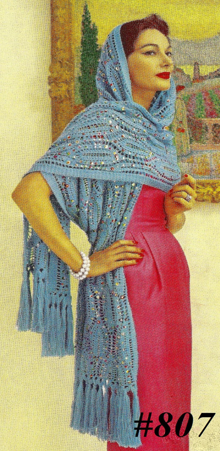 Vintage 1953 Fancy Evening Lace with Beads & Sequins Stole Wrap Shawl 807 PDF Digital Knit Pattern
