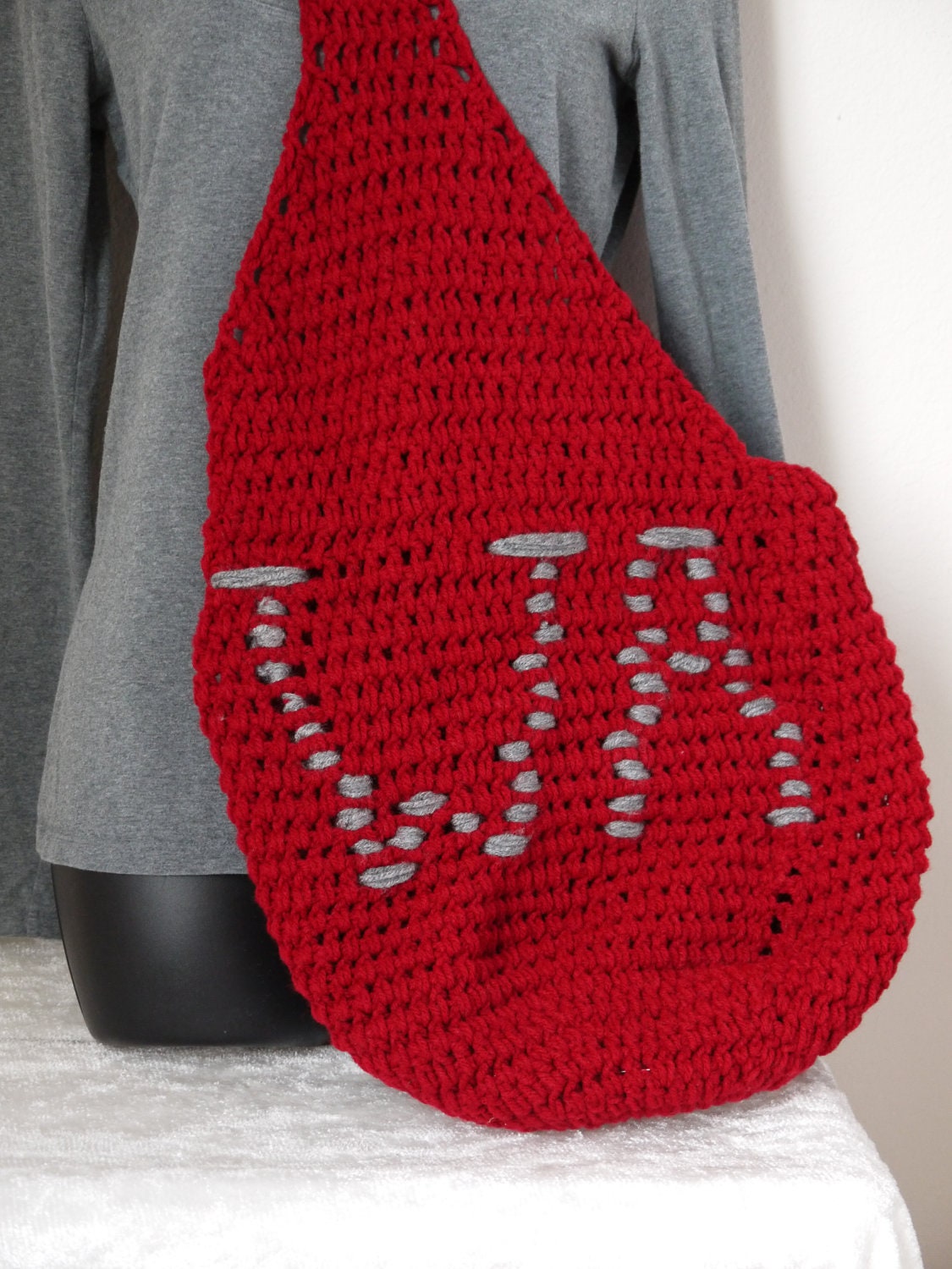 Crocheted Market Bag with Short Handle and WA Stitching in Red and Grey
