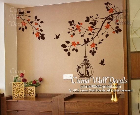 tree wall decals flower vinyl wall decals wall mural birds wall sticker nursery wall decals- branch with cherry blossom, birds Z110 cuma