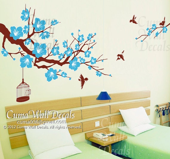 Nursery wall decal flowers birds birdcage wall sticker nature wall mural children office decal -Z157 by cuma