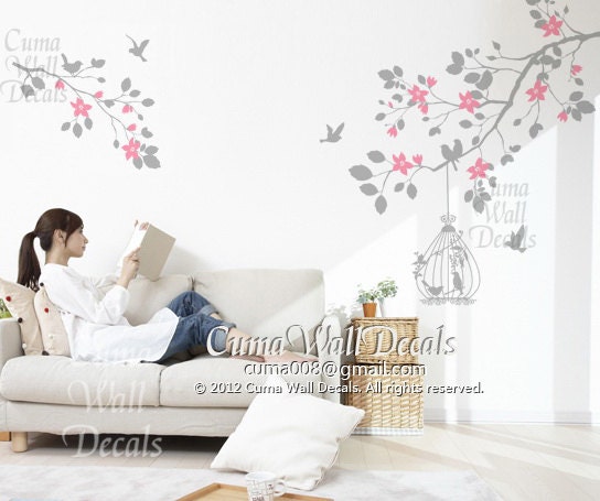 wall decal tree whildren wall decals nursery wall art- branch cherry blossom birdcage birds Z110 CUMA