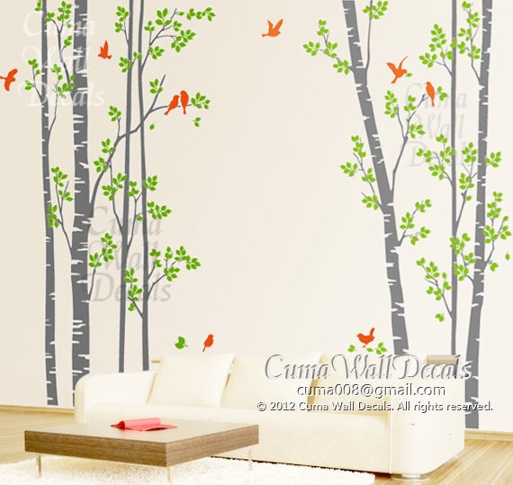 tree wall decal birds nature forest Vinyl wall decals wall decal nursery wall sticker children - 7tree birds deers Z147 Cuma