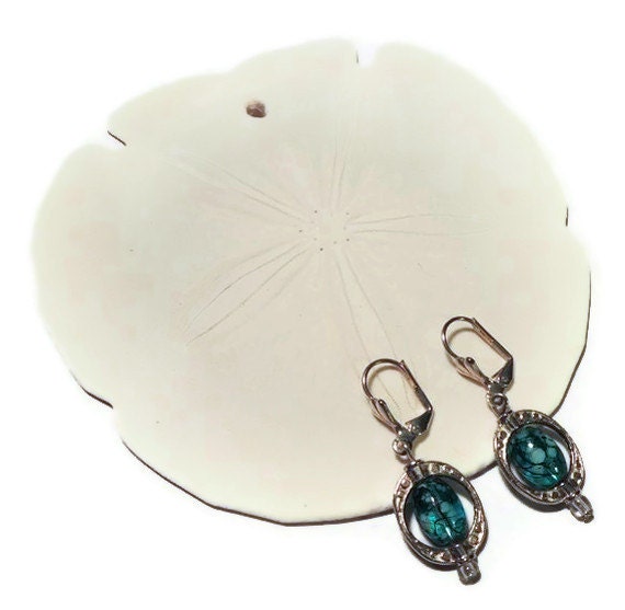 Silver Earrings With Blue Speckled Beads