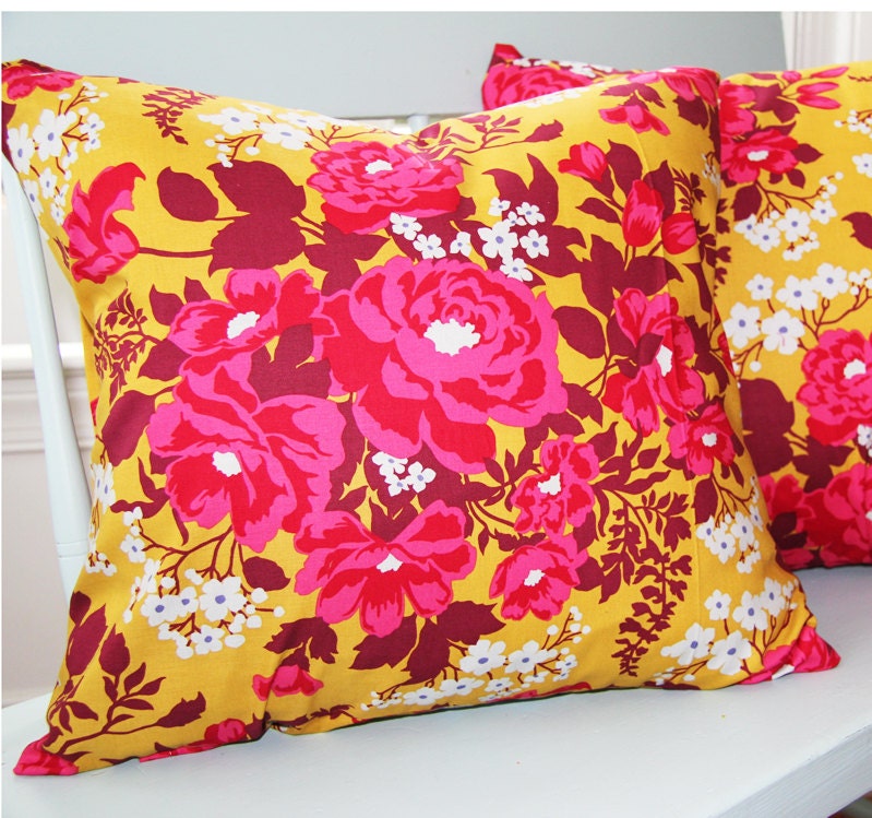 Decorative Pillows Flower Bouquet Pillow Cover in Mustard and Rose 18x18 "Color Me Crazy" Collection
