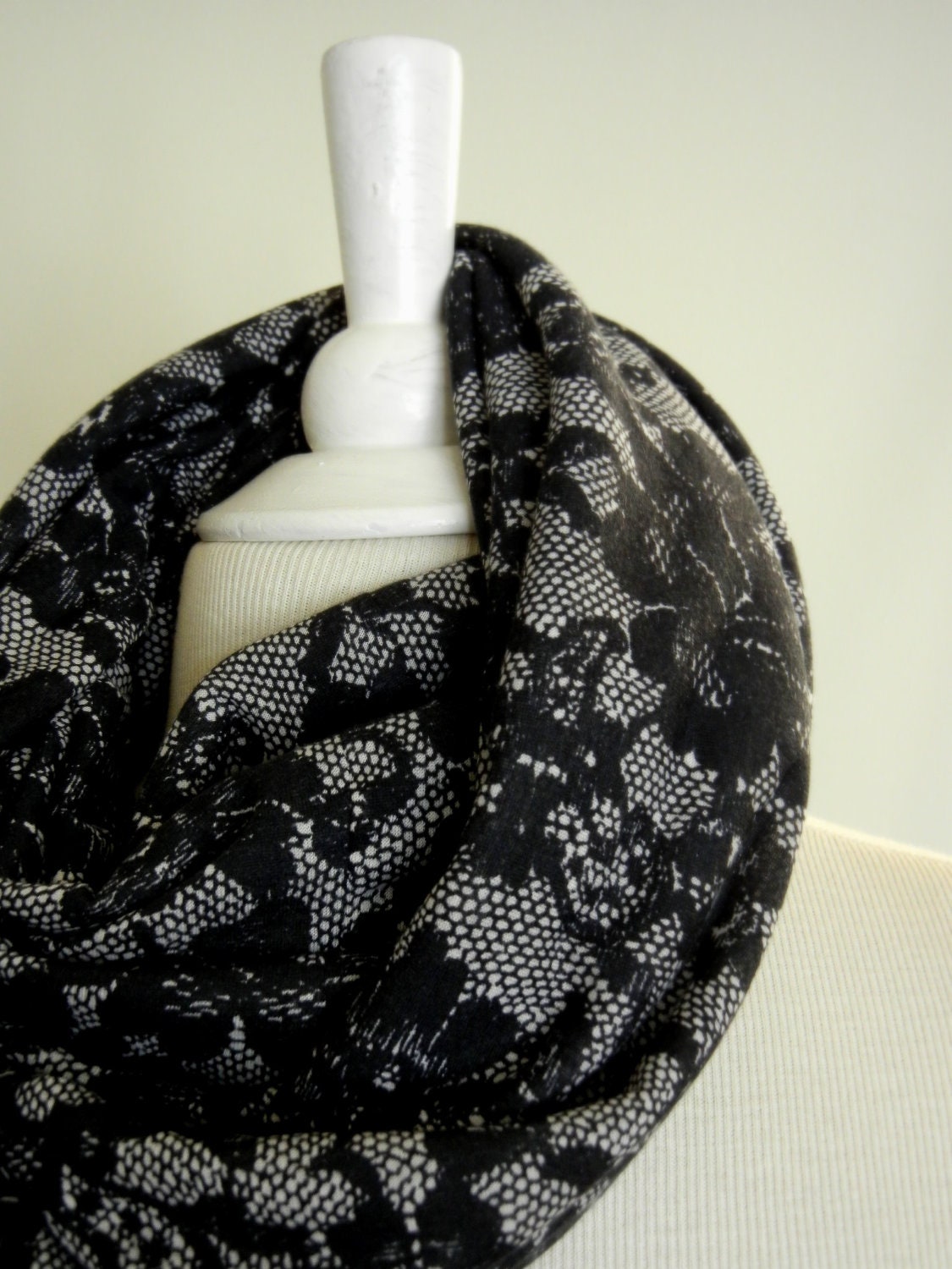 LIX PERLE: Fashion Cotton /Lycra lace fabric, Black /White Circular Tube Infinity, Lacey Infinity Scarf