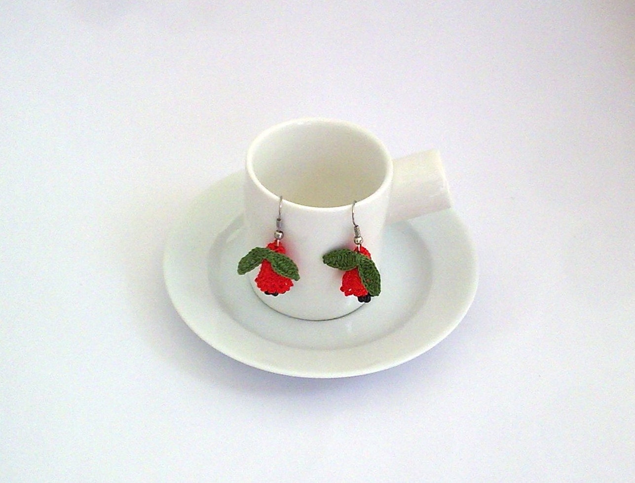 Handmade Crochet Earrings, Red Bell flowers, Green Leaves, Beaded Jewelry