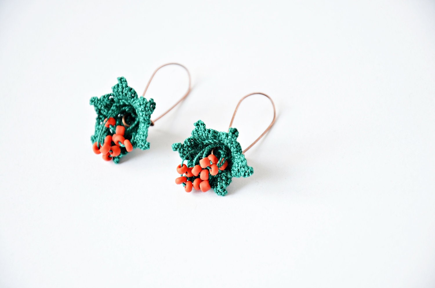 Crochet Earrings with Emerald Flowers, Small Orange Beads