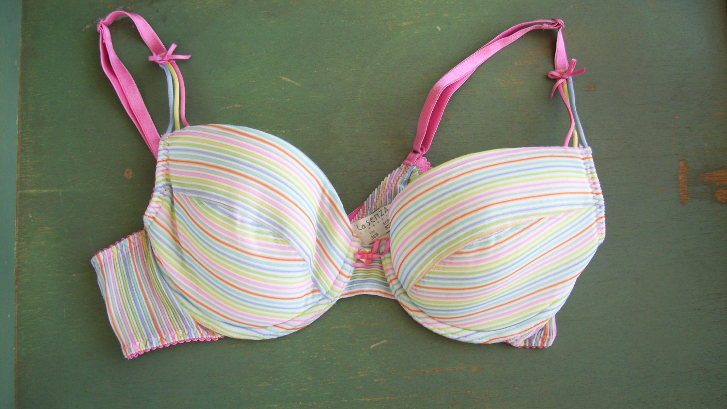 Vintage La Senza Sexy Lingerie 90s Rainbow Pink Bra Thong Knickers Briefs Panties Ladies 85B cup