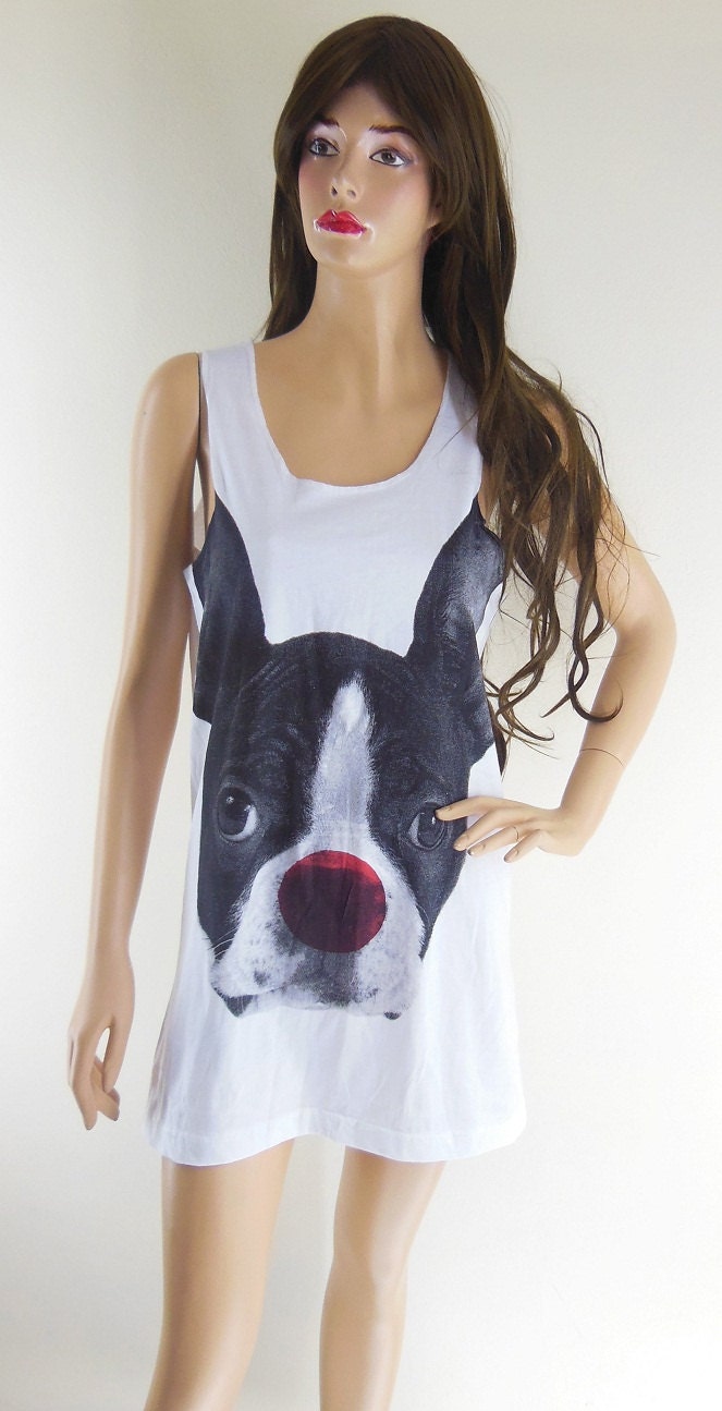 Dog Red Nose Animal Style Dog Tank Top White T-Shirt Screen Print Size M
