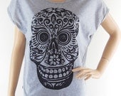Mexican Skull Mask Art Design Bat Sleeve Women Shirt Gray Short Sleeve Gray Shirts Screen Print Size M