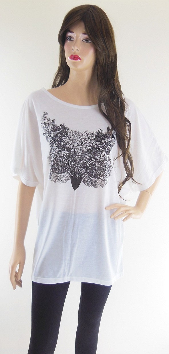 Flowers Owl Cute Animal Style Animal Design Bat Sleeve Women T-Shirt Short Sleeve T-Shirt Oversize White T-Shirt Screen Print Free Size