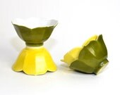 Lotus Flower Bowls, Set of 4 - Yellow & Green Painted White Porcelain with Pedestal Base - Vintage Home Decor or Kitchen Serving Use