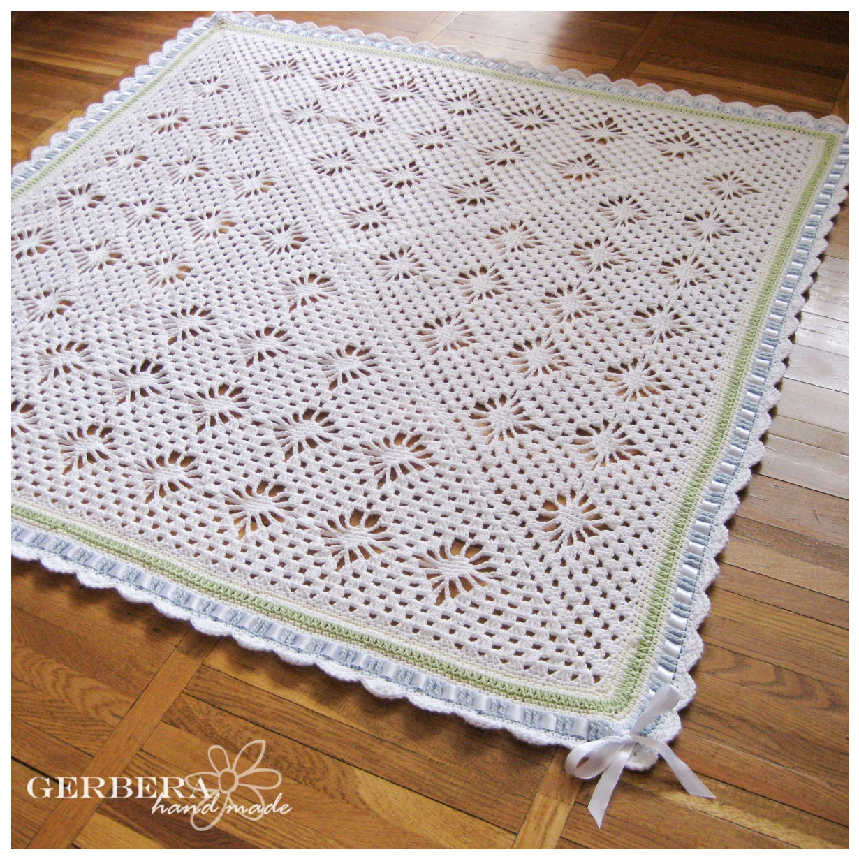 Crochet Baby blanket - crib size crochet afghan - pastel olive green blue and white color for baby MADE TO ORDER