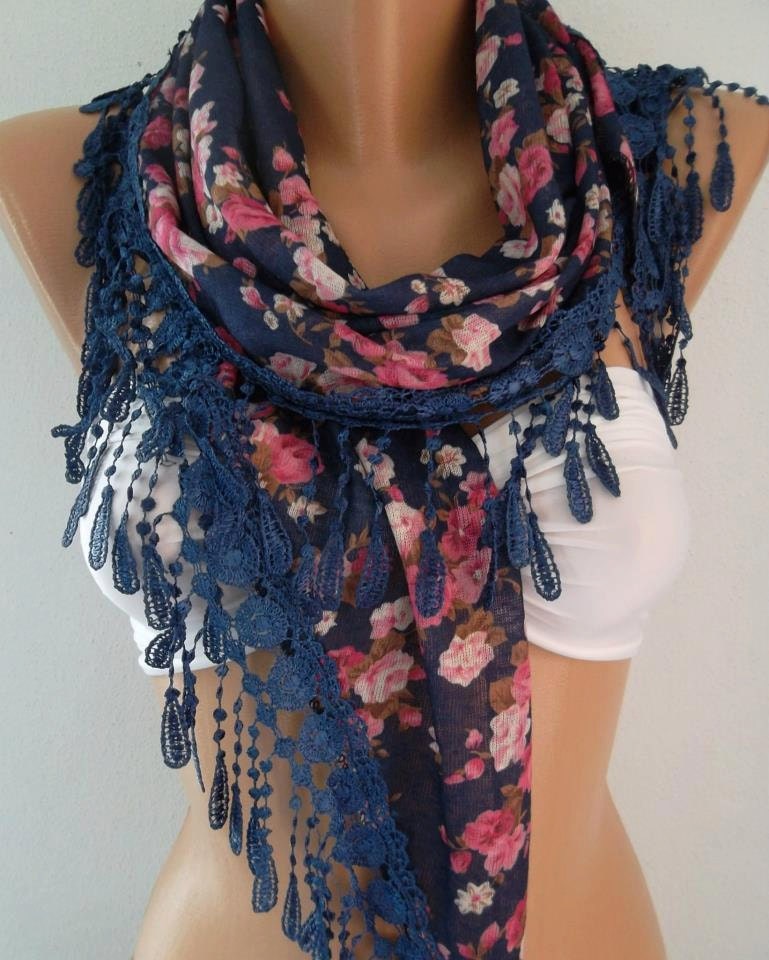 Georgeus Scarf   Elegance Scarf   Feminine Scarf ....Dark blue  Pink flowered