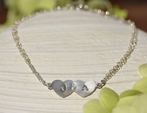 Personalized sterling silver double heart charms initial bracelet - handstamped bracelet - sweatheart braidsmaid wedding bracelet