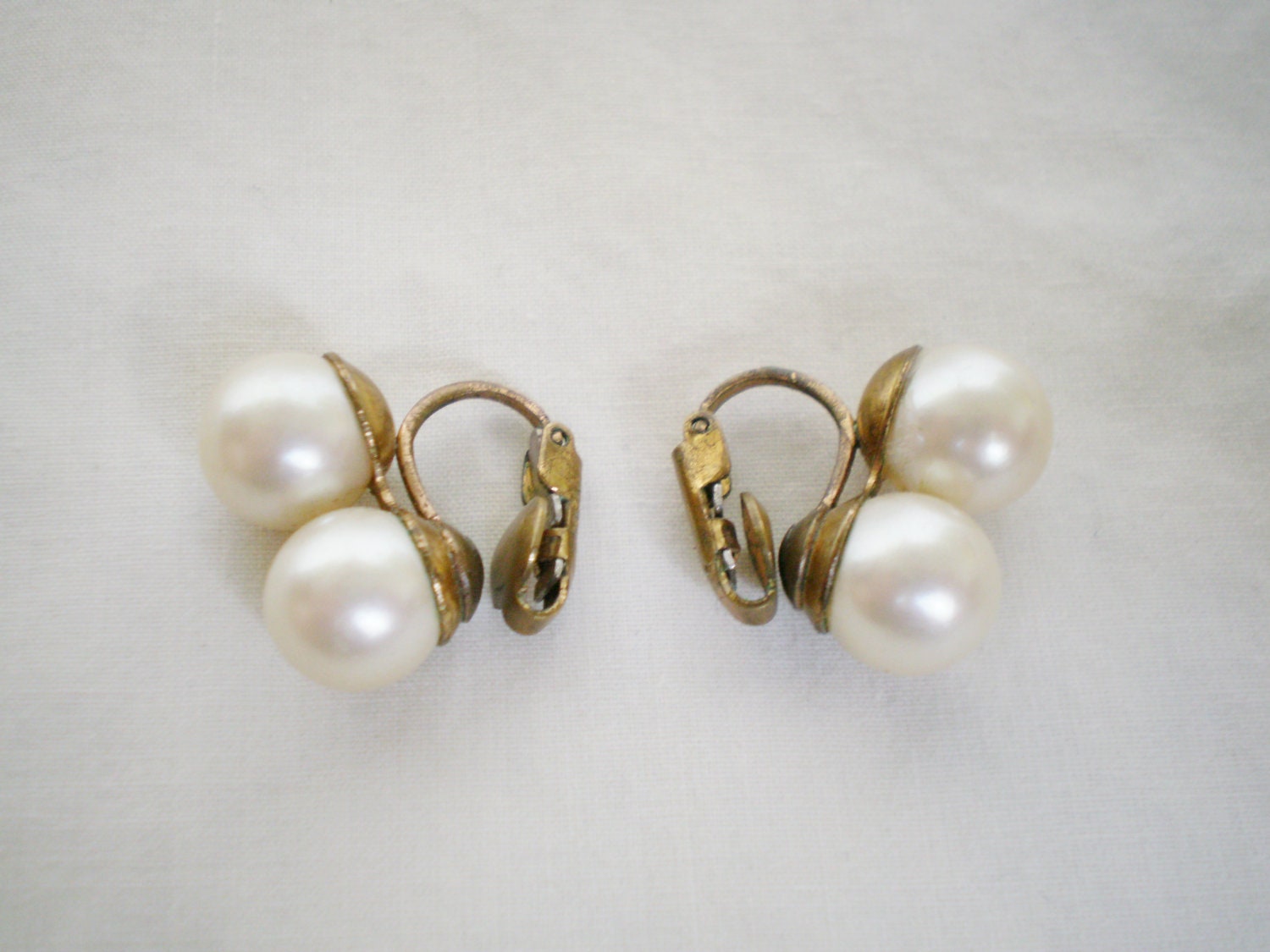 Vintage Faux Pearl Earrings - 1950s Signed Japan Brass Clip On Style