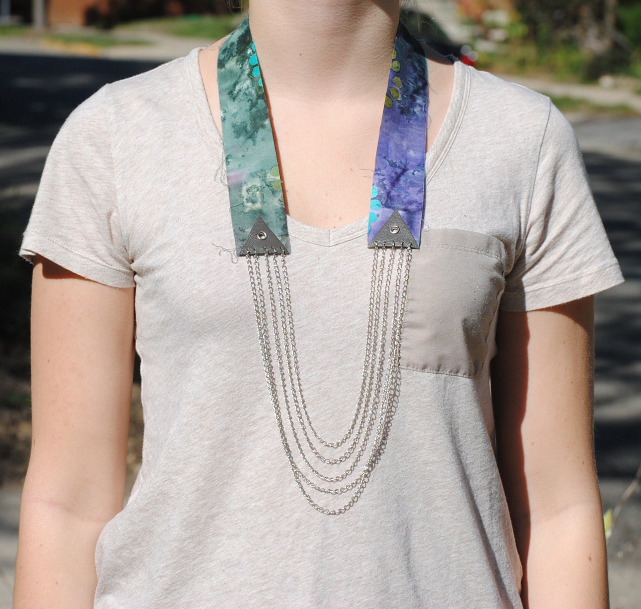 Fabric and leather necklace-OOAK