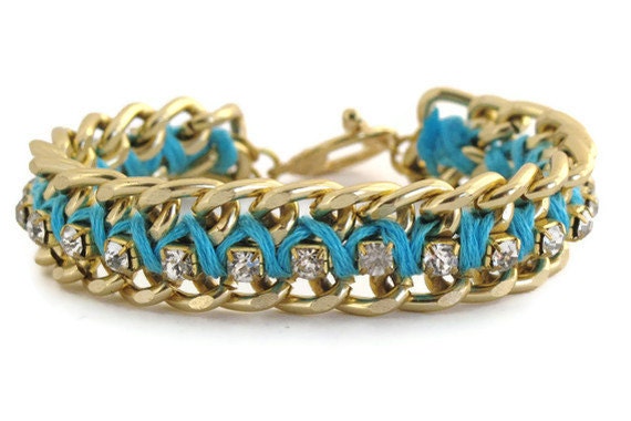 Aqua Blue Woven Chain and Rhinestone Bracelet