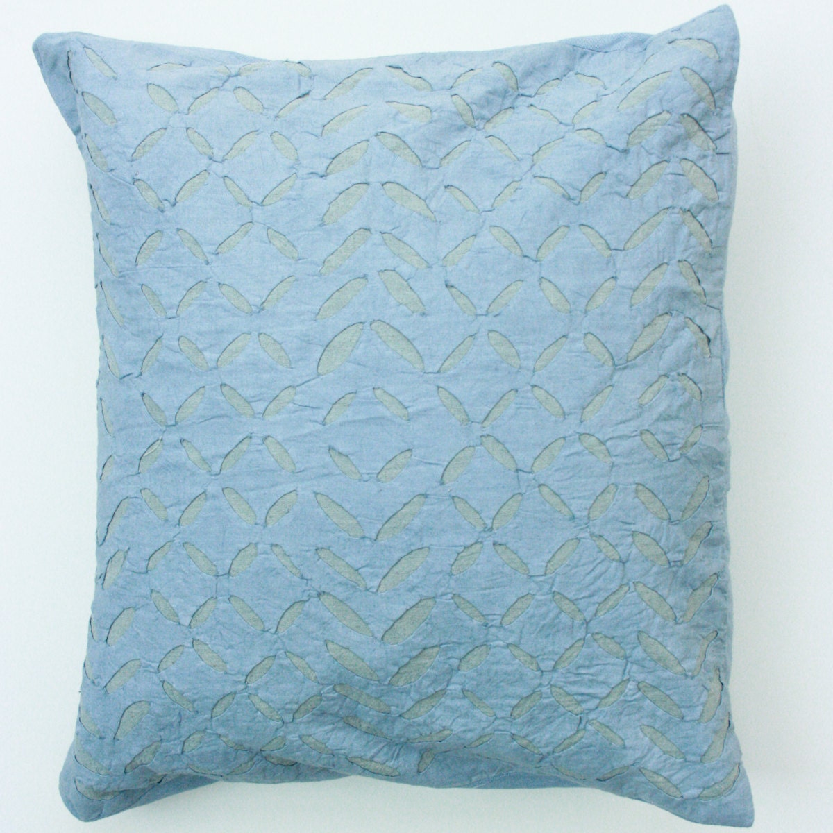 Organic Beautiful Handmade Applique Pretty Soft Blue Pillow or Cushion Cover - 16 x 16 - 15
