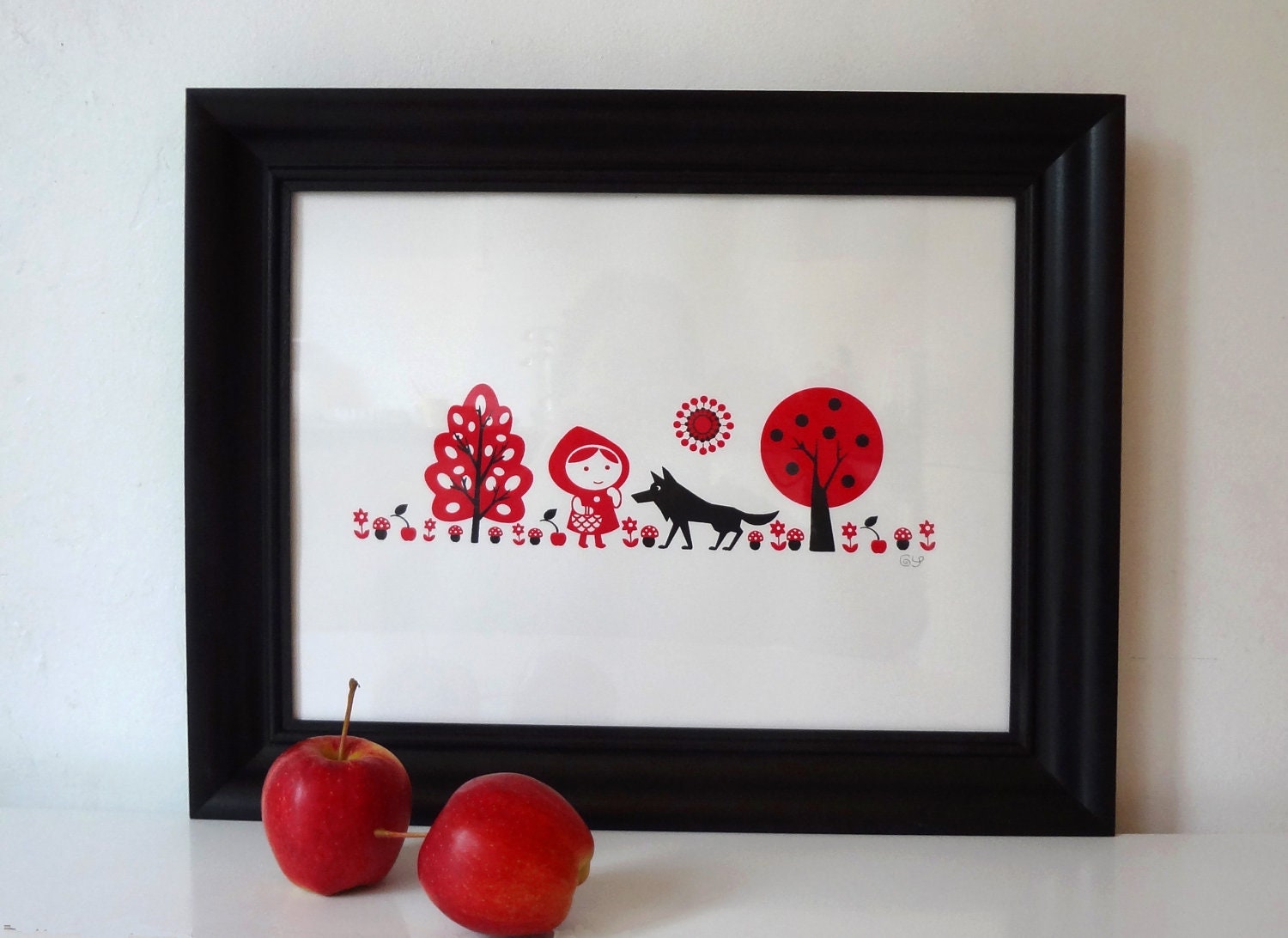Red Riding Hood Screen print Red and Black Children folk tale fairytale Valentines By Gunna Ydri