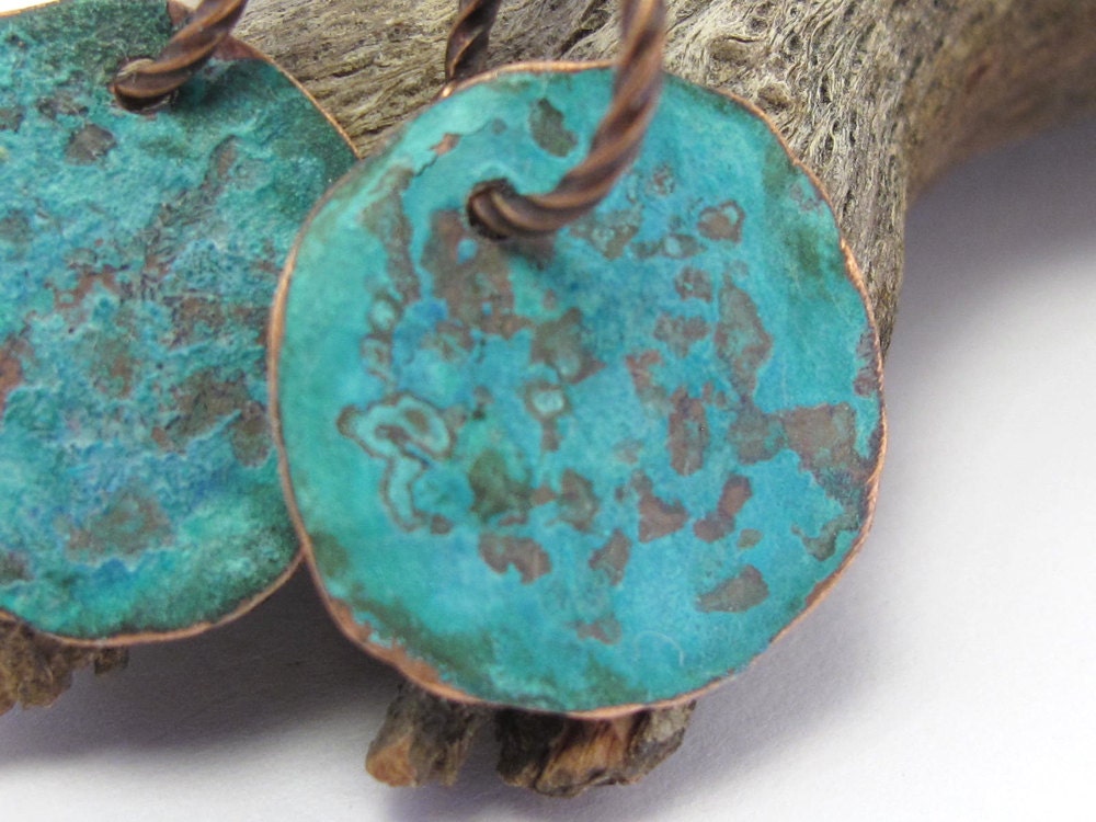 Hammered Copper Earrings Patina Verdigris Blue Green, Small Round, Dark Brown Copper Earwires, ER0180